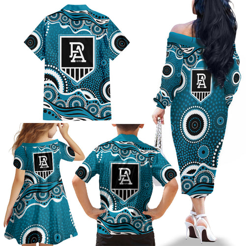 Port Adelaide Power Family Matching Off The Shoulder Long Sleeve Dress and Hawaiian Shirt Aboriginal Dot Pattern - Football Mascot Heritage Pride