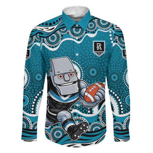 Port Adelaide Power Family Matching Off The Shoulder Long Sleeve Dress and Hawaiian Shirt Aboriginal Dot Pattern - Football Mascot Heritage Pride