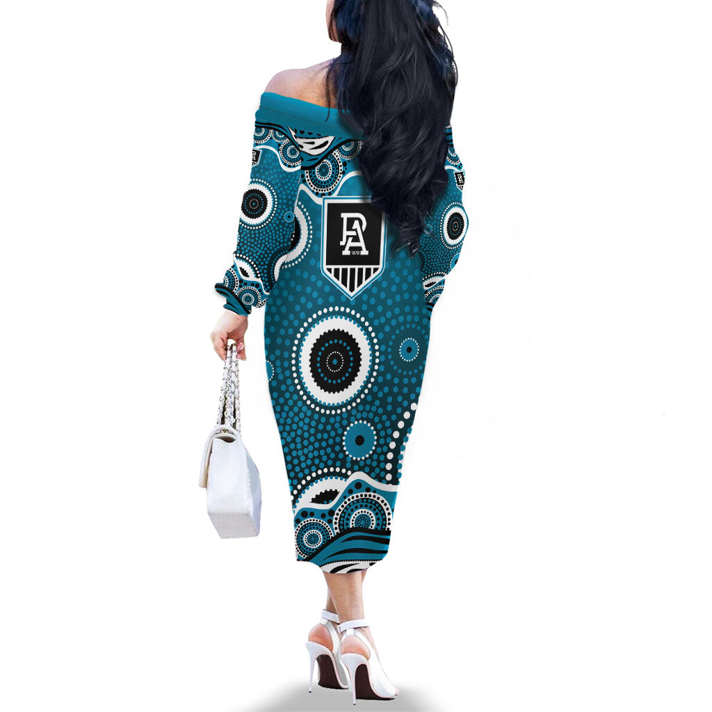 Port Adelaide Power Family Matching Off The Shoulder Long Sleeve Dress and Hawaiian Shirt Aboriginal Dot Pattern - Football Mascot Heritage Pride