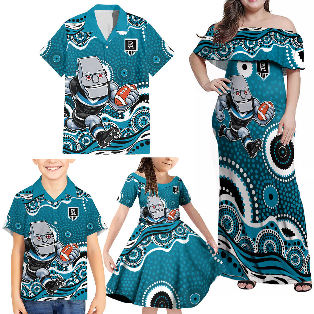 Port Adelaide Power Family Matching Off Shoulder Maxi Dress and Hawaiian Shirt Aboriginal Dot Pattern - Football Mascot Heritage Pride