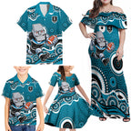Port Adelaide Power Family Matching Off Shoulder Maxi Dress and Hawaiian Shirt Aboriginal Dot Pattern - Football Mascot Heritage Pride