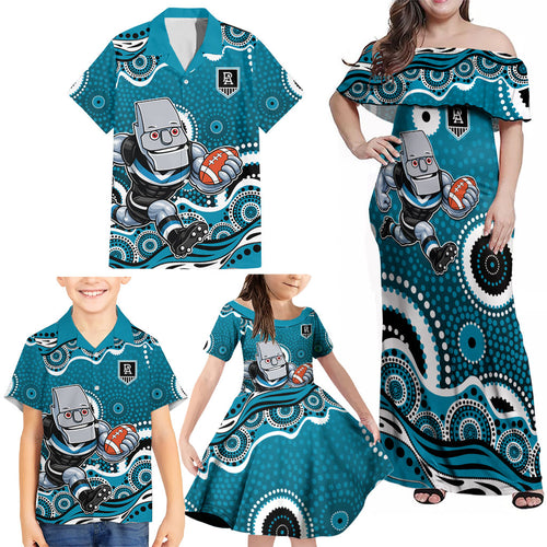 Port Adelaide Power Family Matching Off Shoulder Maxi Dress and Hawaiian Shirt Aboriginal Dot Pattern - Football Mascot Heritage Pride