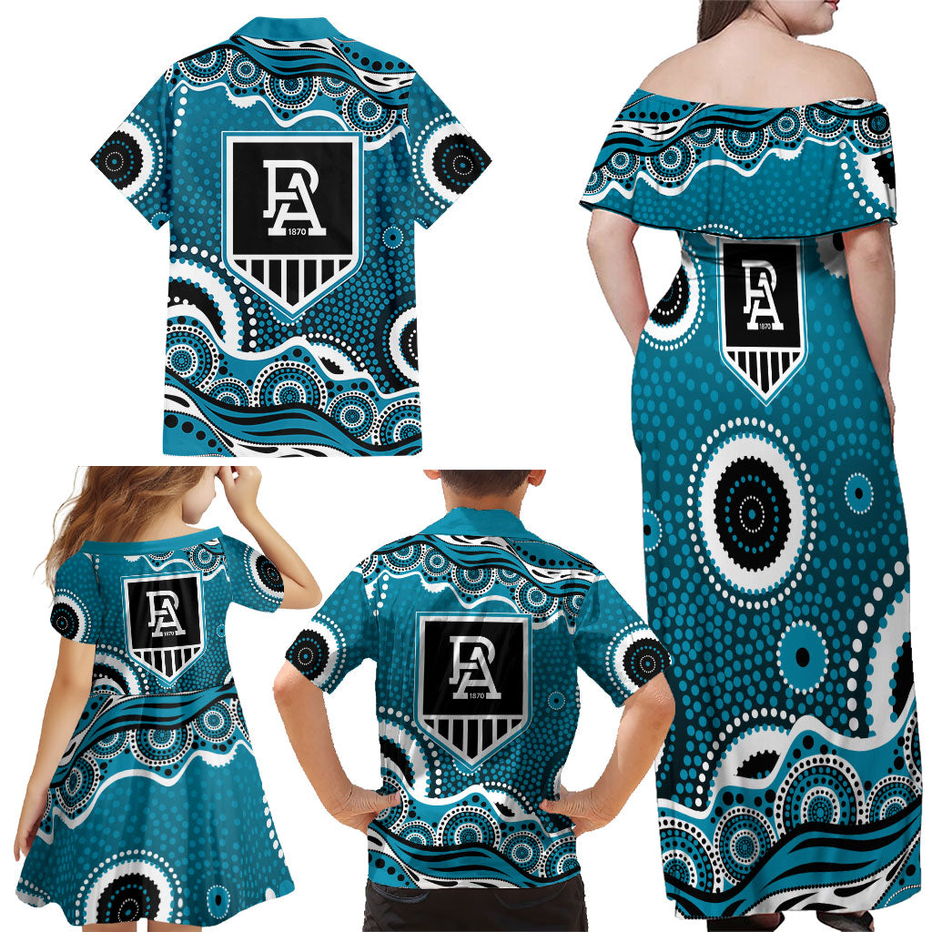 Port Adelaide Power Family Matching Off Shoulder Maxi Dress and Hawaiian Shirt Aboriginal Dot Pattern - Football Mascot Heritage Pride