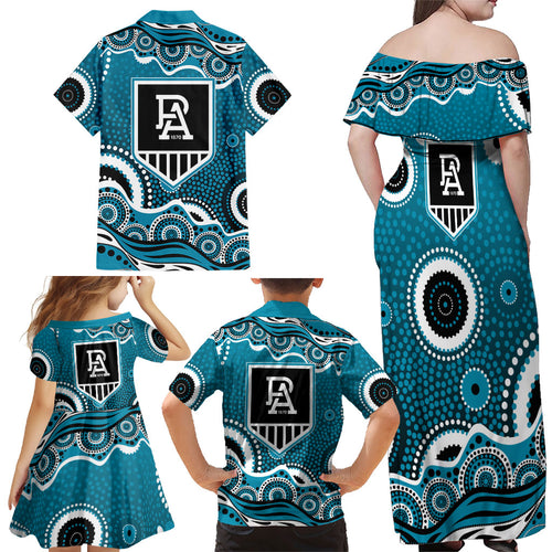 Port Adelaide Power Family Matching Off Shoulder Maxi Dress and Hawaiian Shirt Aboriginal Dot Pattern - Football Mascot Heritage Pride