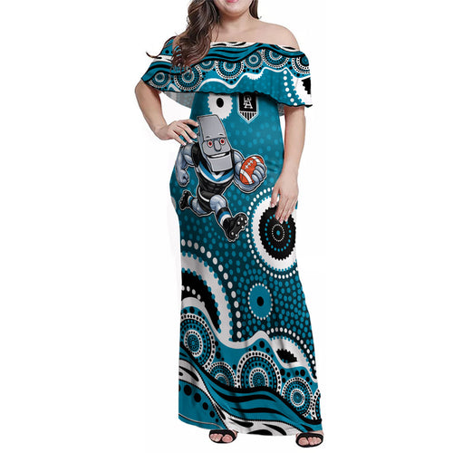 Port Adelaide Power Family Matching Off Shoulder Maxi Dress and Hawaiian Shirt Aboriginal Dot Pattern - Football Mascot Heritage Pride