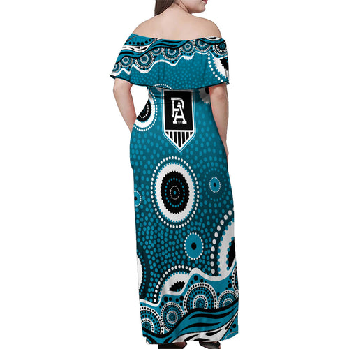 Port Adelaide Power Family Matching Off Shoulder Maxi Dress and Hawaiian Shirt Aboriginal Dot Pattern - Football Mascot Heritage Pride