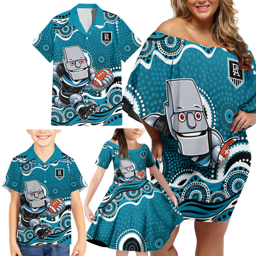 Port Adelaide Power Family Matching Off Shoulder Short Dress and Hawaiian Shirt Aboriginal Dot Pattern - Football Mascot Heritage Pride
