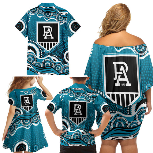Port Adelaide Power Family Matching Off Shoulder Short Dress and Hawaiian Shirt Aboriginal Dot Pattern - Football Mascot Heritage Pride