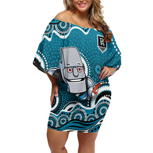 Port Adelaide Power Family Matching Off Shoulder Short Dress and Hawaiian Shirt Aboriginal Dot Pattern - Football Mascot Heritage Pride