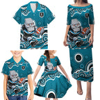 Port Adelaide Power Family Matching Puletasi and Hawaiian Shirt Aboriginal Dot Pattern - Football Mascot Heritage Pride
