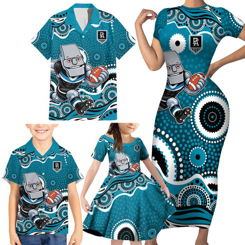 Port Adelaide Power Family Matching Short Sleeve Bodycon Dress and Hawaiian Shirt Aboriginal Dot Pattern - Football Mascot Heritage Pride