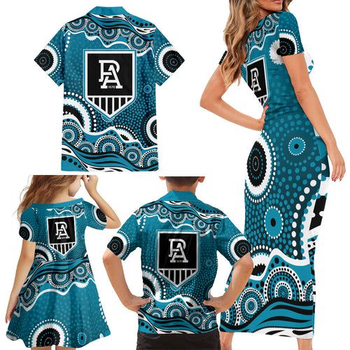 Port Adelaide Power Family Matching Short Sleeve Bodycon Dress and Hawaiian Shirt Aboriginal Dot Pattern - Football Mascot Heritage Pride