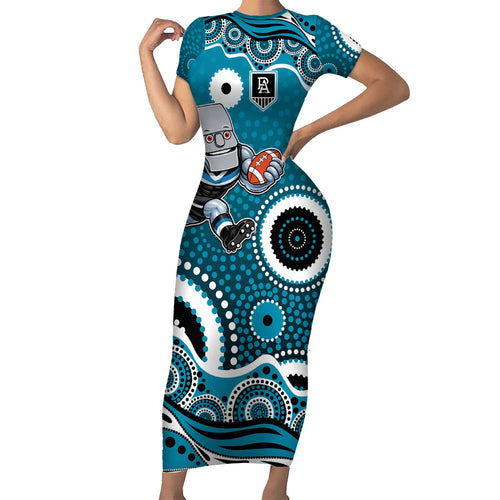 Port Adelaide Power Family Matching Short Sleeve Bodycon Dress and Hawaiian Shirt Aboriginal Dot Pattern - Football Mascot Heritage Pride