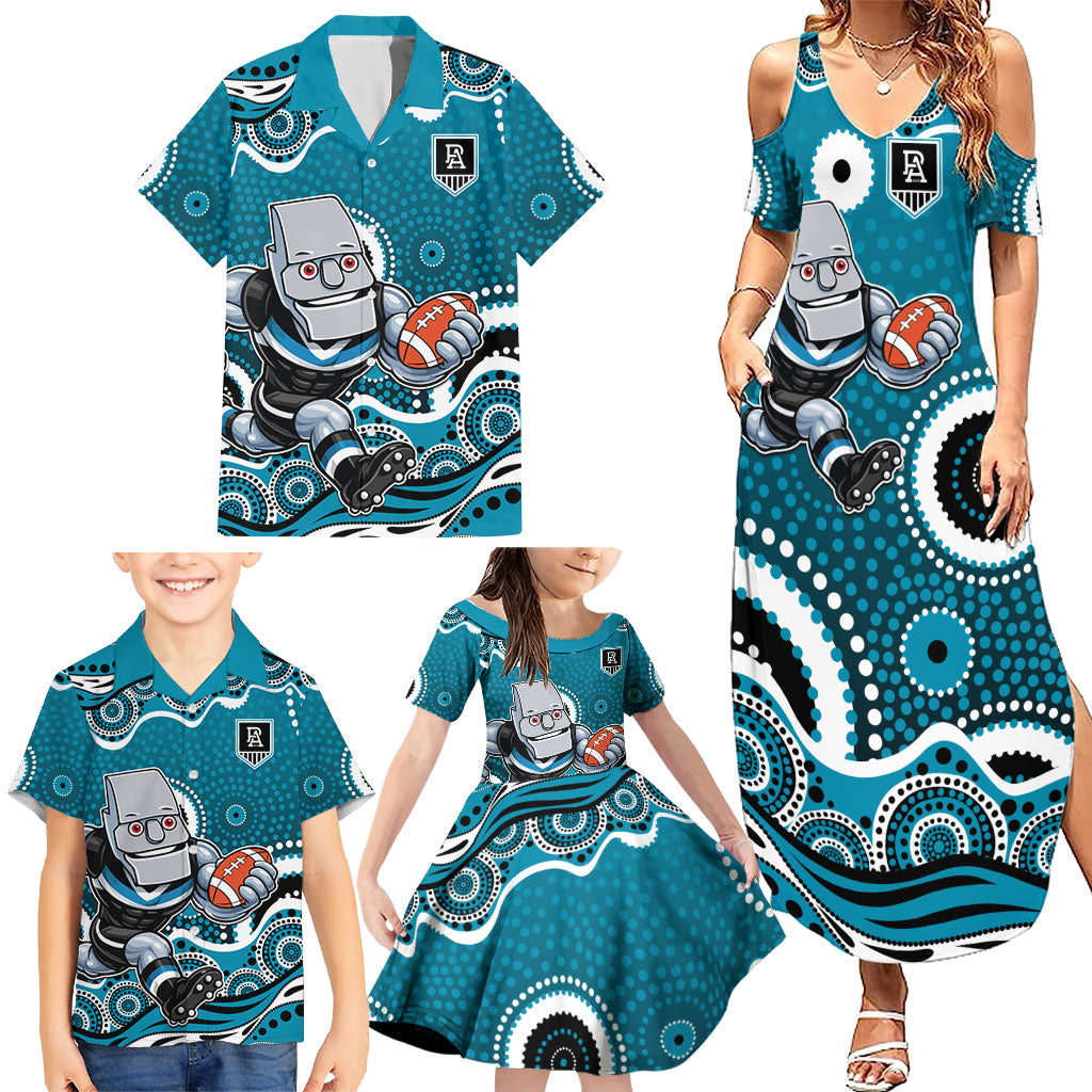 Port Adelaide Power Family Matching Summer Maxi Dress and Hawaiian Shirt Aboriginal Dot Pattern - Football Mascot Heritage Pride