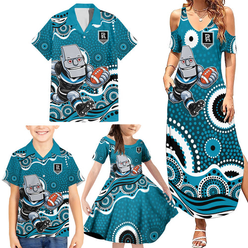 Port Adelaide Power Family Matching Summer Maxi Dress and Hawaiian Shirt Aboriginal Dot Pattern - Football Mascot Heritage Pride