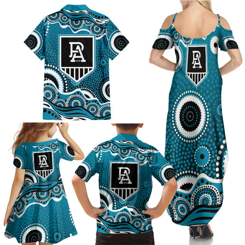 Port Adelaide Power Family Matching Summer Maxi Dress and Hawaiian Shirt Aboriginal Dot Pattern - Football Mascot Heritage Pride