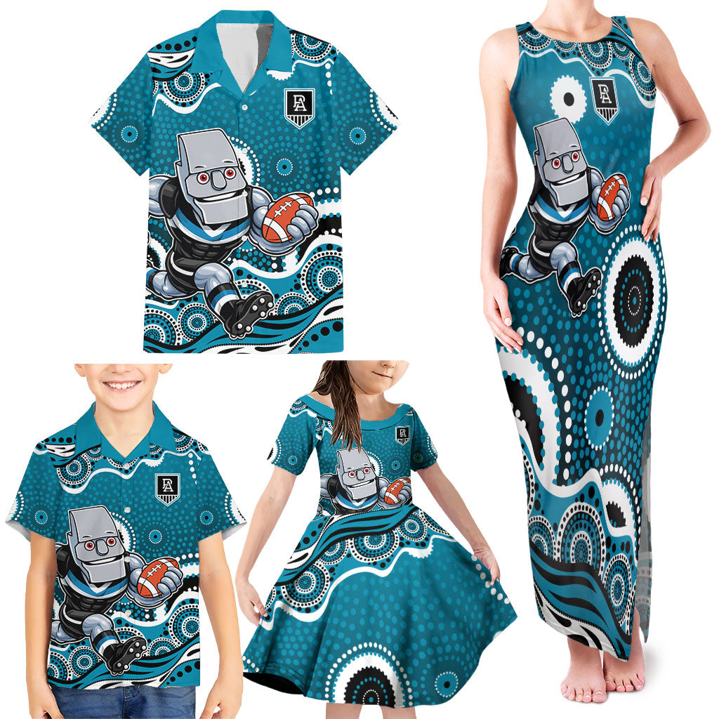 Port Adelaide Power Family Matching Tank Maxi Dress and Hawaiian Shirt Aboriginal Dot Pattern - Football Mascot Heritage Pride