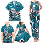 Port Adelaide Power Family Matching Tank Maxi Dress and Hawaiian Shirt Aboriginal Dot Pattern - Football Mascot Heritage Pride