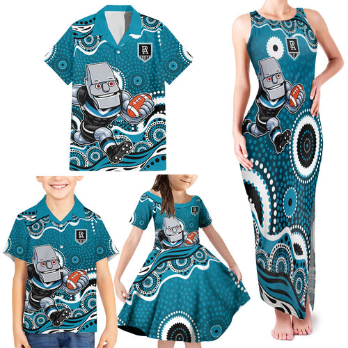 Port Adelaide Power Family Matching Tank Maxi Dress and Hawaiian Shirt Aboriginal Dot Pattern - Football Mascot Heritage Pride