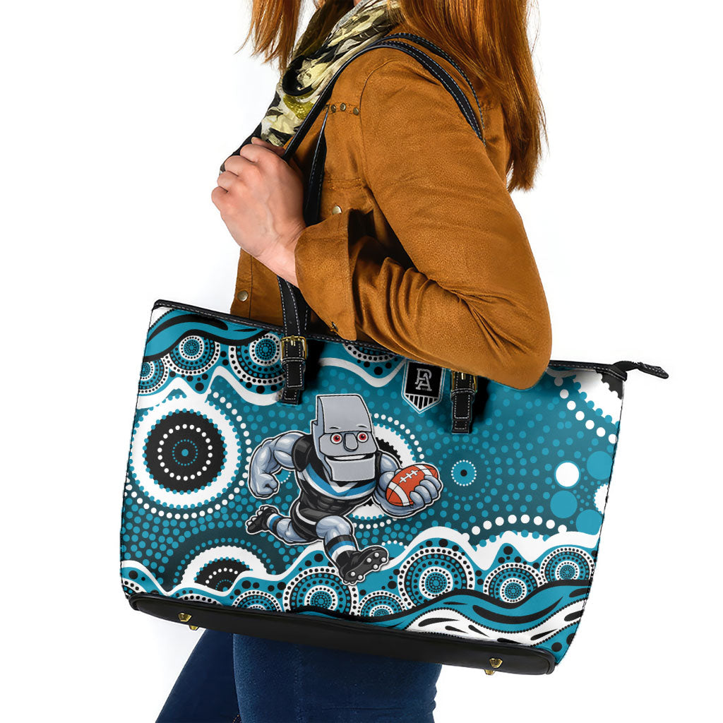 Port Adelaide Power Leather Tote Bag Aboriginal Dot Pattern - Football Mascot Heritage Pride