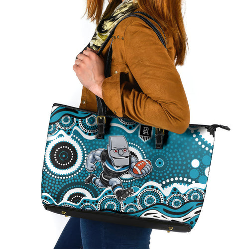 Port Adelaide Power Leather Tote Bag Aboriginal Dot Pattern - Football Mascot Heritage Pride
