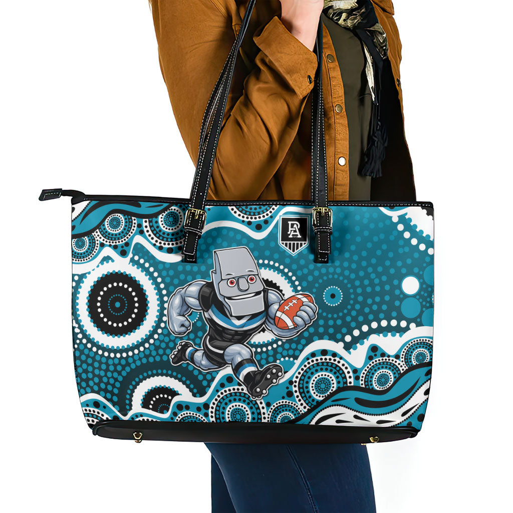 Port Adelaide Power Leather Tote Bag Aboriginal Dot Pattern - Football Mascot Heritage Pride