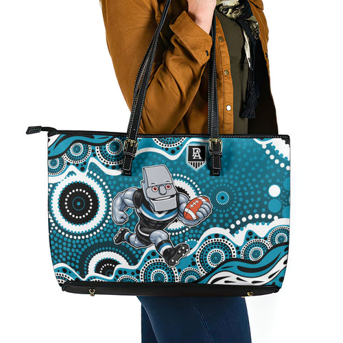 Port Adelaide Power Leather Tote Bag Aboriginal Dot Pattern - Football Mascot Heritage Pride