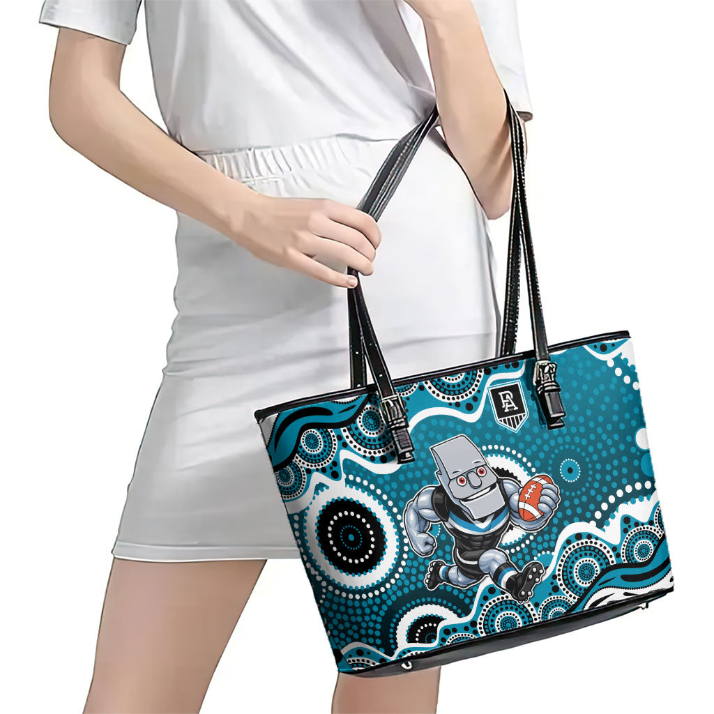 Port Adelaide Power Leather Tote Bag Aboriginal Dot Pattern - Football Mascot Heritage Pride