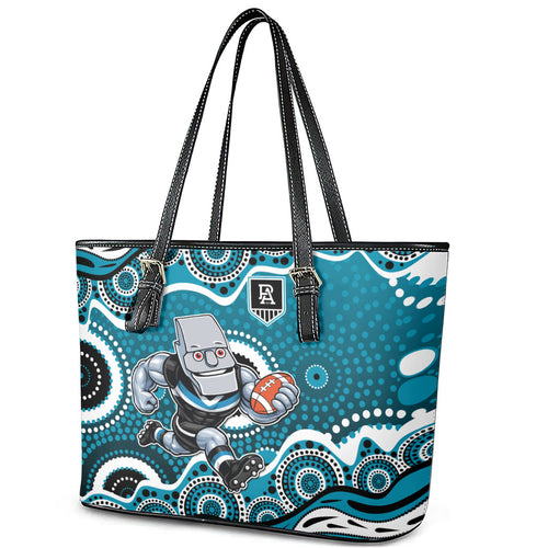 Port Adelaide Power Leather Tote Bag Aboriginal Dot Pattern - Football Mascot Heritage Pride