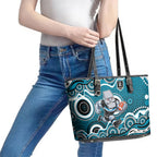 Port Adelaide Power Leather Tote Bag Aboriginal Dot Pattern - Football Mascot Heritage Pride