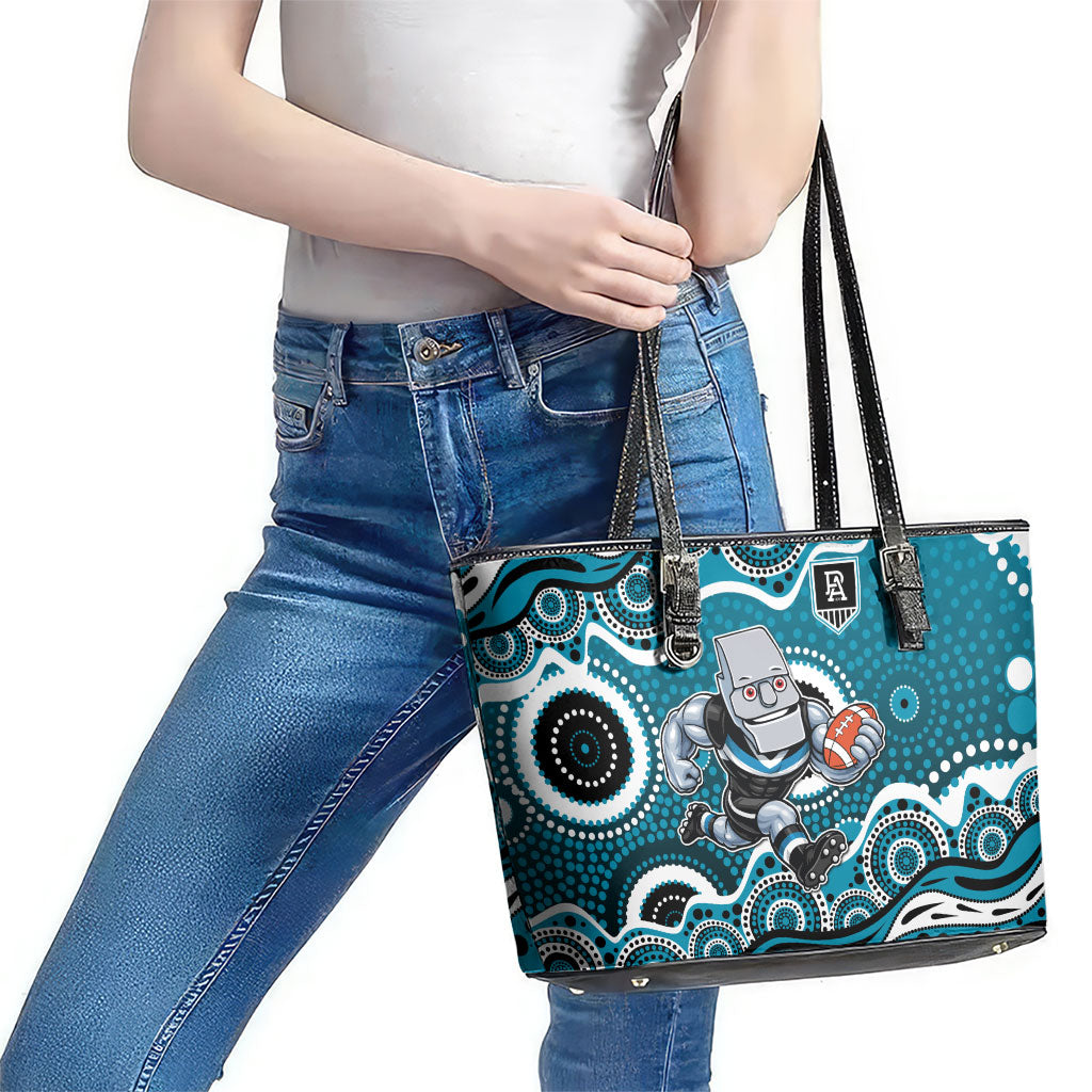 Port Adelaide Power Leather Tote Bag Aboriginal Dot Pattern - Football Mascot Heritage Pride