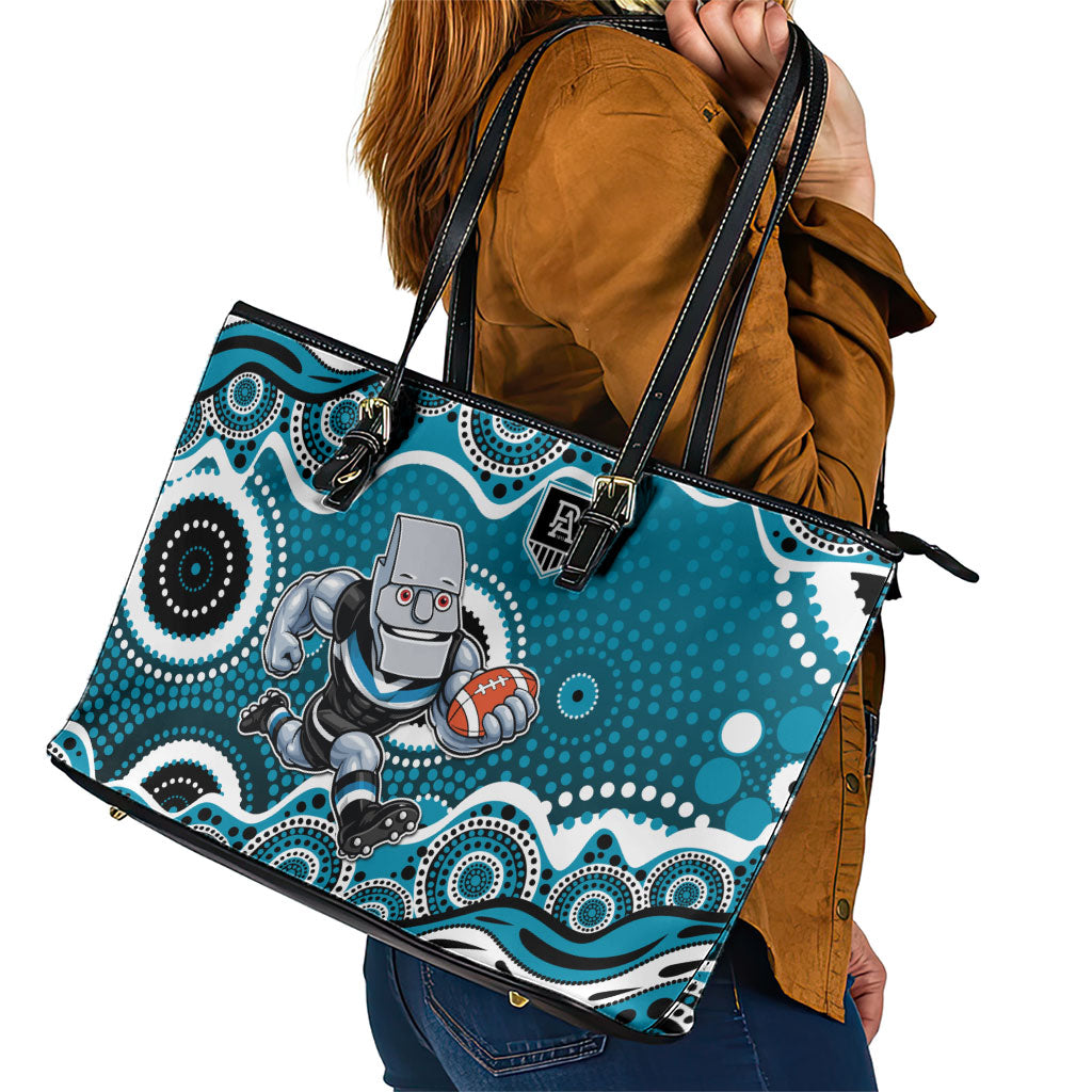 Port Adelaide Power Leather Tote Bag Aboriginal Dot Pattern - Football Mascot Heritage Pride