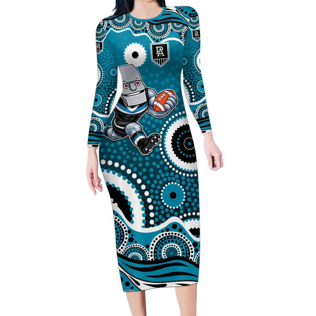 Port Adelaide Power Long Sleeve Bodycon Dress Aboriginal Dot Pattern - Football Mascot Heritage Pride
