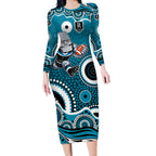Port Adelaide Power Long Sleeve Bodycon Dress Aboriginal Dot Pattern - Football Mascot Heritage Pride