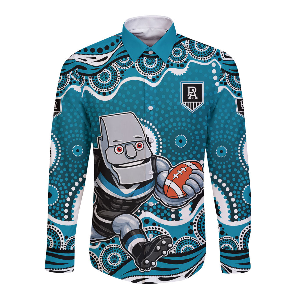 Port Adelaide Power Long Sleeve Button Shirt Aboriginal Dot Pattern - Football Mascot Heritage Pride