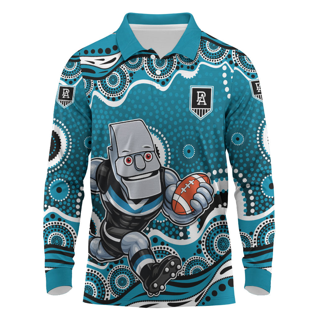 Port Adelaide Power Long Sleeve Polo Shirt Aboriginal Dot Pattern - Football Mascot Heritage Pride