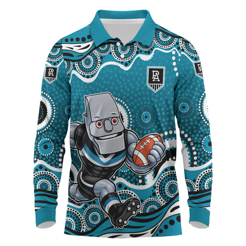 Port Adelaide Power Long Sleeve Polo Shirt Aboriginal Dot Pattern - Football Mascot Heritage Pride