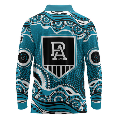 Port Adelaide Power Long Sleeve Polo Shirt Aboriginal Dot Pattern - Football Mascot Heritage Pride