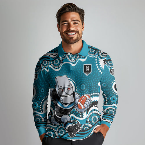 Port Adelaide Power Long Sleeve Polo Shirt Aboriginal Dot Pattern - Football Mascot Heritage Pride