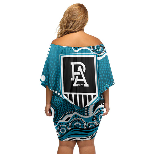 Port Adelaide Power Off Shoulder Short Dress Aboriginal Dot Pattern - Football Mascot Heritage Pride