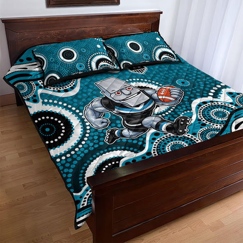 Port Adelaide Power Quilt Bed Set Aboriginal Dot Pattern - Football Mascot Heritage Pride