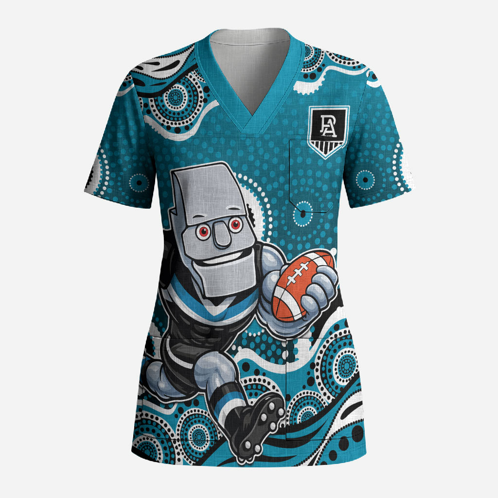 Port Adelaide Power Scrub Top Aboriginal Dot Pattern - Football Mascot Heritage Pride