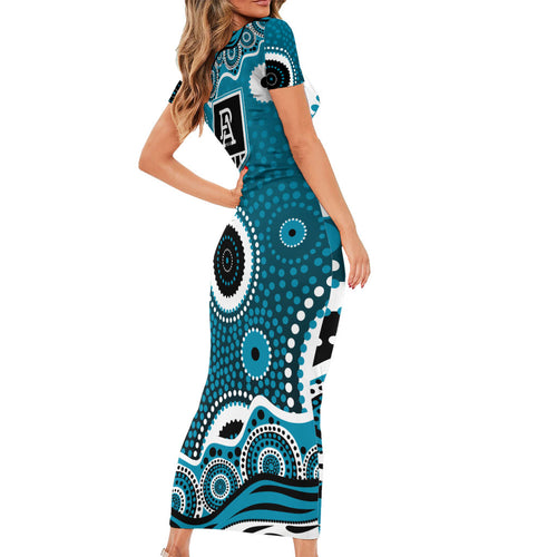Port Adelaide Power Short Sleeve Bodycon Dress Aboriginal Dot Pattern - Football Mascot Heritage Pride