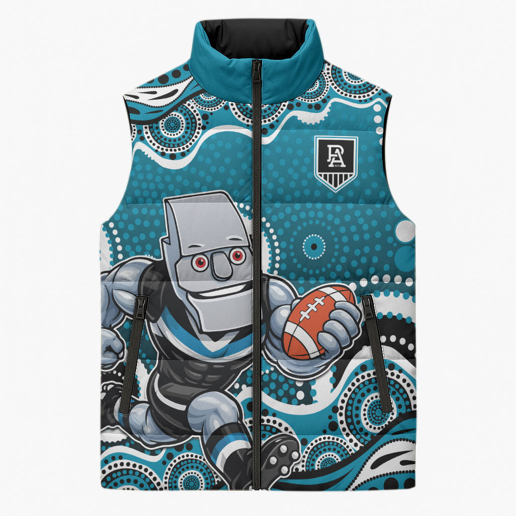 Port Adelaide Power Sleeveless Puffer Jacket Aboriginal Dot Pattern - Football Mascot Heritage Pride
