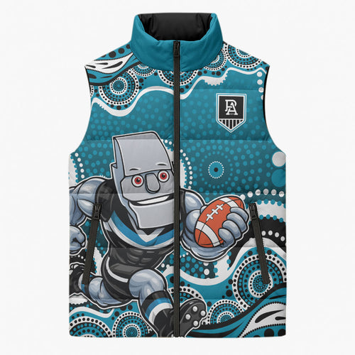 Port Adelaide Power Sleeveless Puffer Jacket Aboriginal Dot Pattern - Football Mascot Heritage Pride