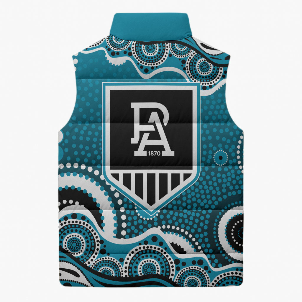 Port Adelaide Power Sleeveless Puffer Jacket Aboriginal Dot Pattern - Football Mascot Heritage Pride