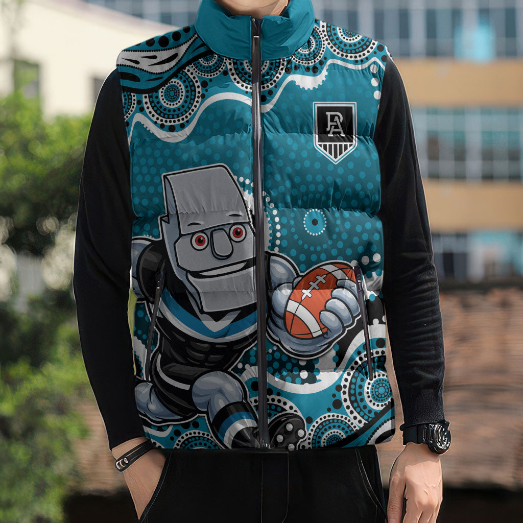 Port Adelaide Power Sleeveless Puffer Jacket Aboriginal Dot Pattern - Football Mascot Heritage Pride
