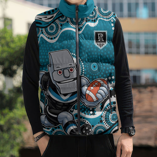 Port Adelaide Power Sleeveless Puffer Jacket Aboriginal Dot Pattern - Football Mascot Heritage Pride