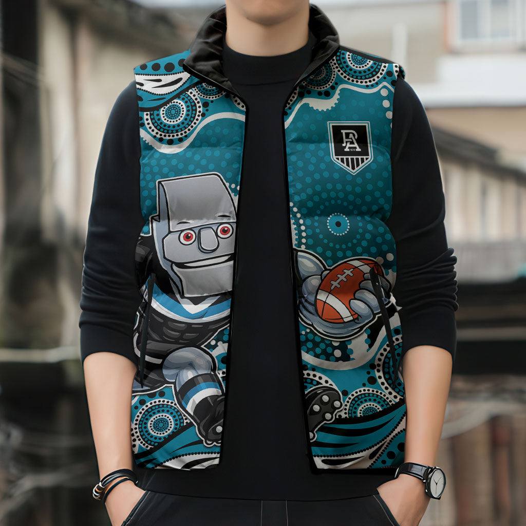 Port Adelaide Power Sleeveless Puffer Jacket Aboriginal Dot Pattern - Football Mascot Heritage Pride