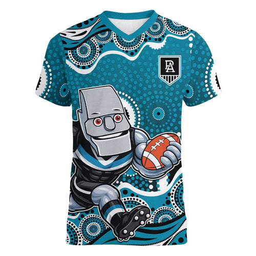 Port Adelaide Power Women V-Neck T-Shirt Aboriginal Dot Pattern - Football Mascot Heritage Pride